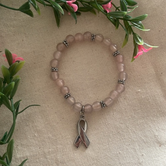BreastCancer Awareness Pink Beaded Bracelet - Mirror Chrome Ribbon Charm - Picture 7 of 7